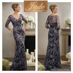 Jade Couture  K198006 Long V-neck Sequin Lace MOB Dress with Sleeves size 18